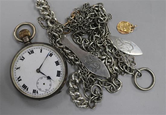 A silver pocket watch, a yellow metal cherub and link, four silver chains and two monogrammed pendants.
